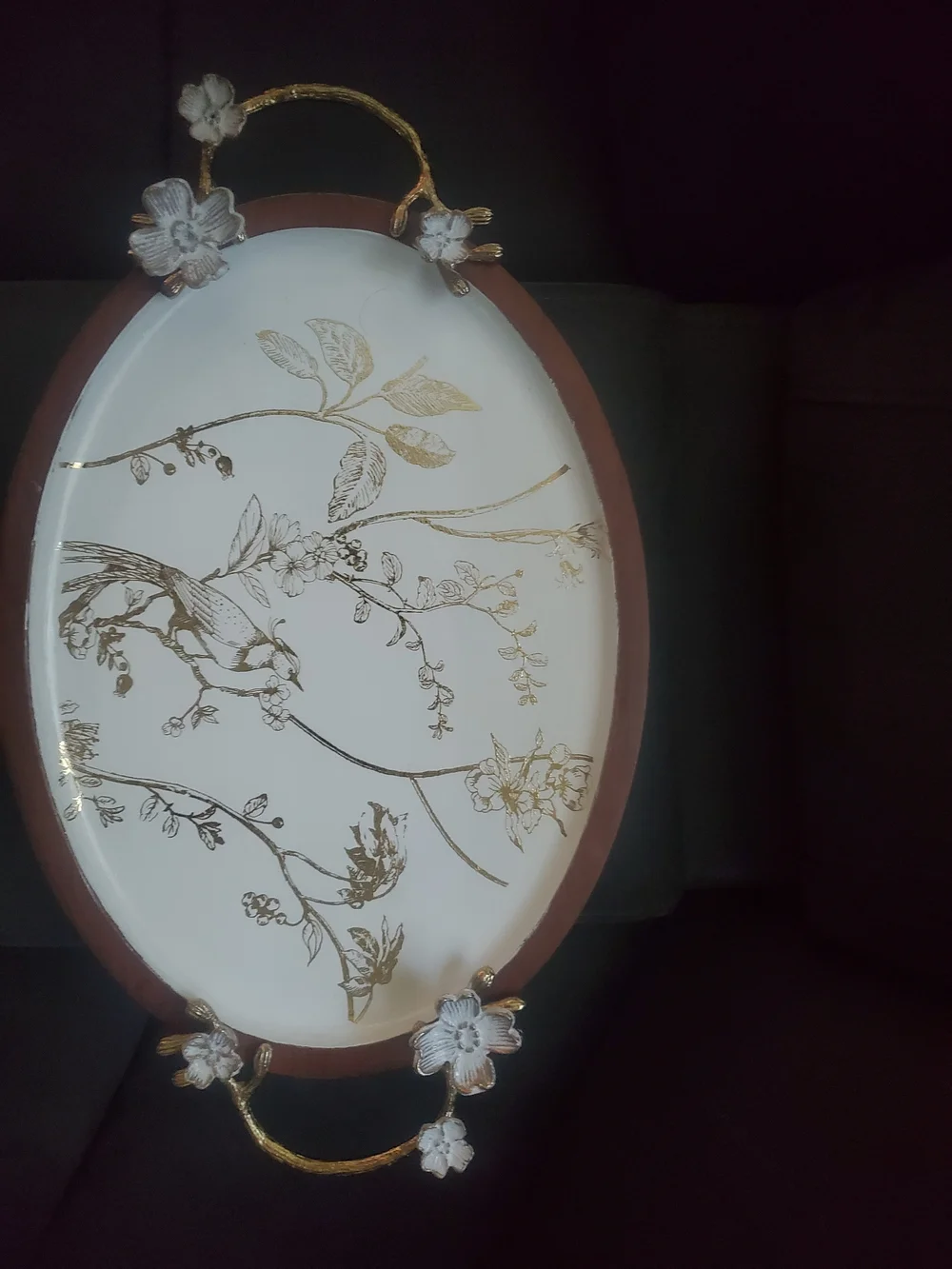 Ornate Bird & Blossom Decorative Serving Tray - White & Gold